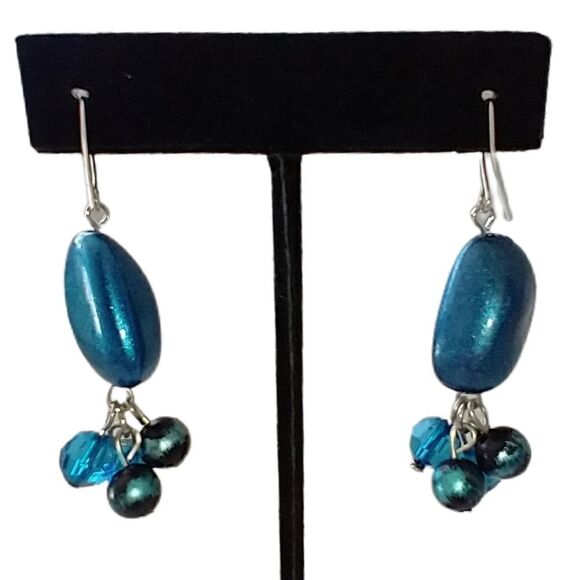 Teardrop Beaded Earrings Dangle Silver Metallic Blue Tone Boho Gypsy Beachy Con - Picture 10 of 15